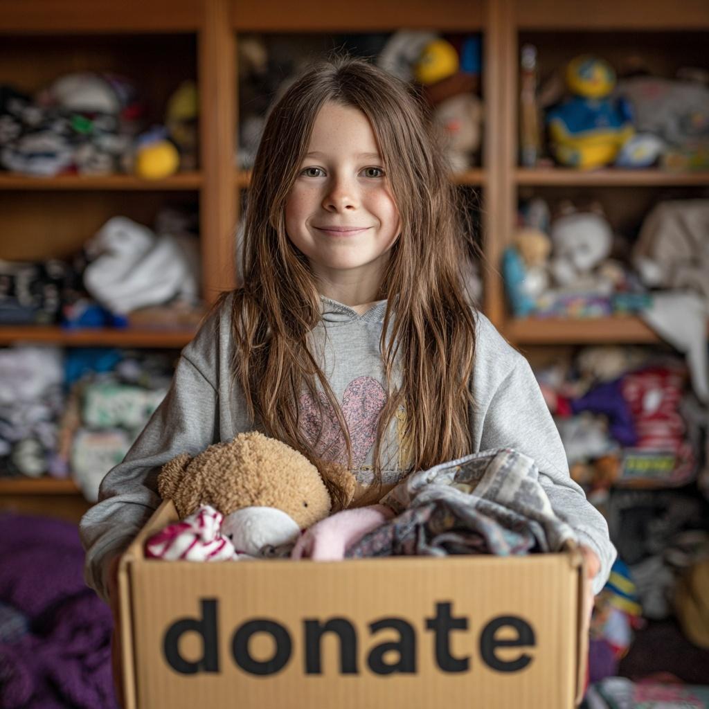 Young girl holding a donation box filled with toys